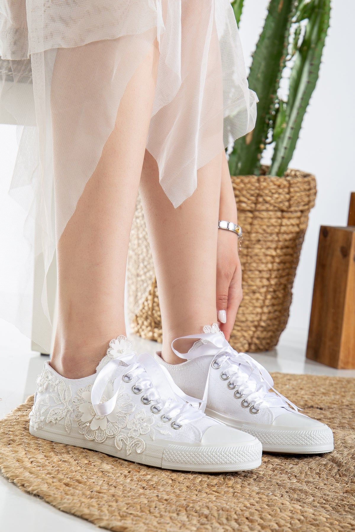 Peyton - White Low Wedding Sneakers – side view showing lace, satin, white, Vowalisse