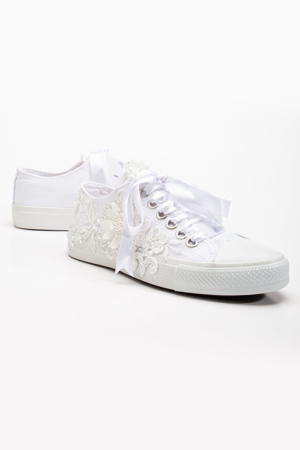 Peyton - White Low Wedding Sneakers – detail view showing lace, satin, white, Vowalisse