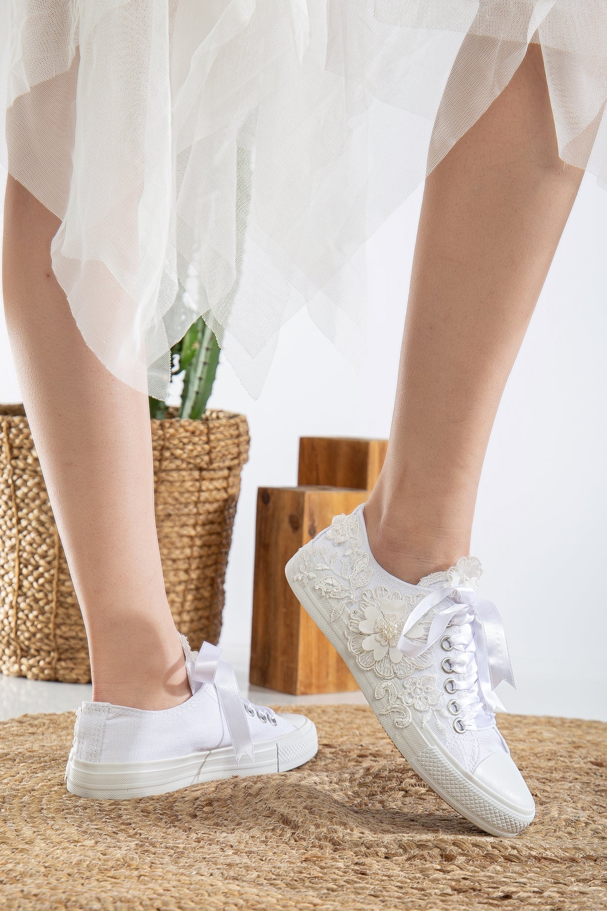 Peyton - White Low Wedding Sneakers – back view showing lace, satin, white, Vowalisse