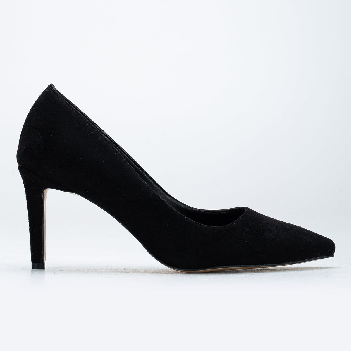 Perla - Black Suede Pointed Toe Stiletto Pump – front three-quarter view showing leather, suede, black, Vowalisse
