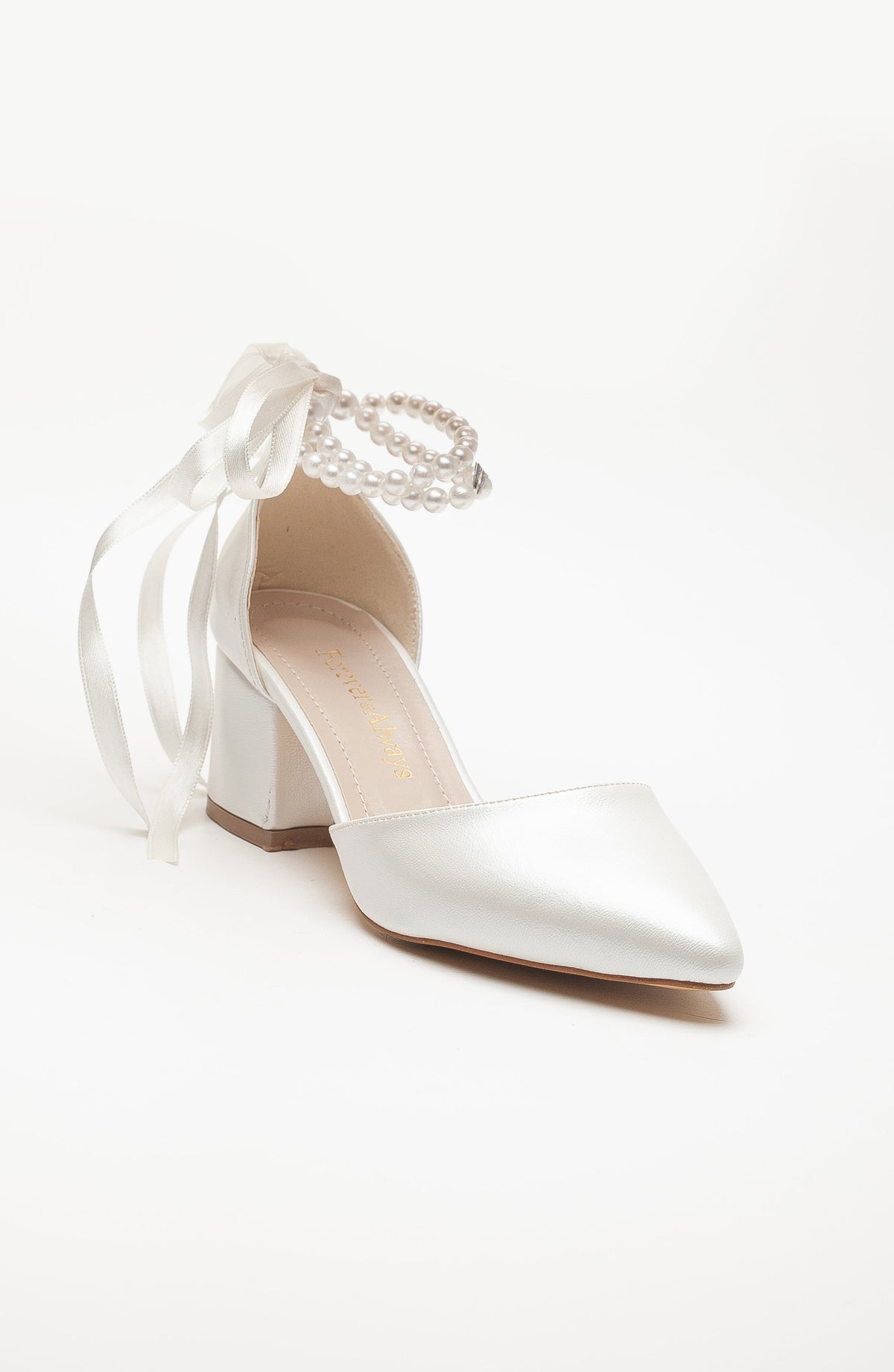 Miranda - Ivory Pumps with Pearls – front three-quarter view showing pearl, leather, ivory, Vowalisse