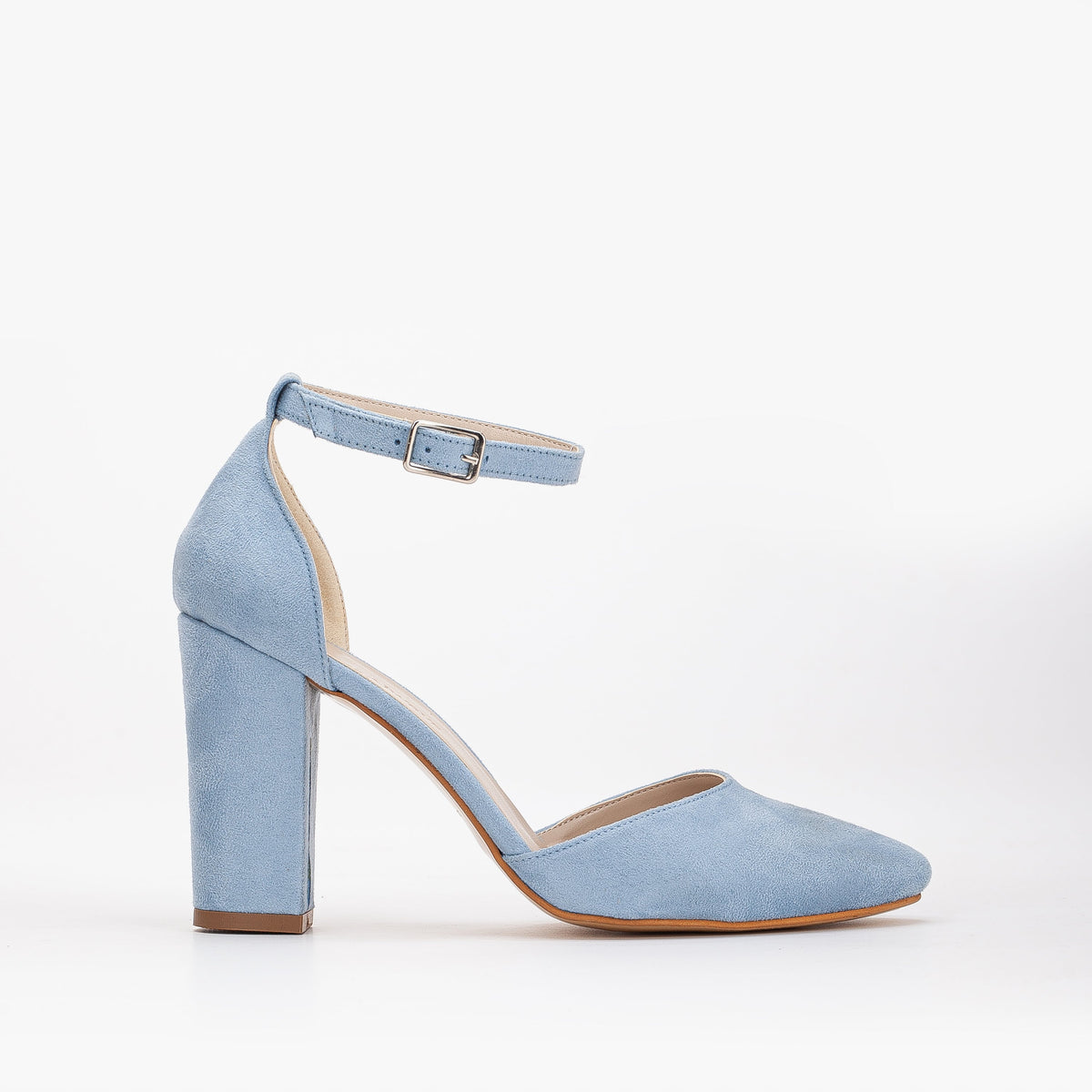Gisele - Baby Blue Suede Wedding Heels – front three-quarter view showing leather, suede, blue, Vowalisse