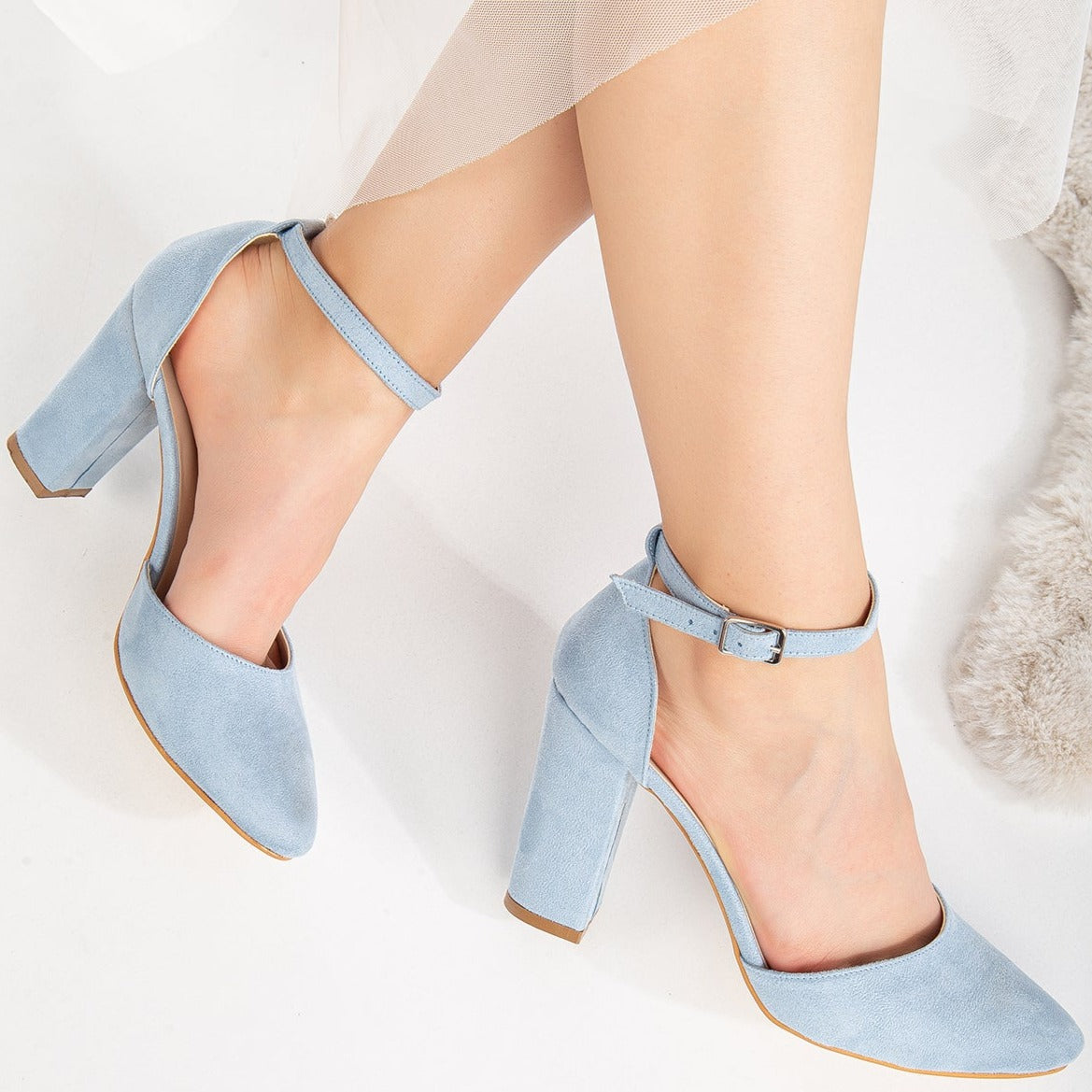 Gisele - Baby Blue Suede Wedding Heels – detail view showing leather, suede, blue, Vowalisse