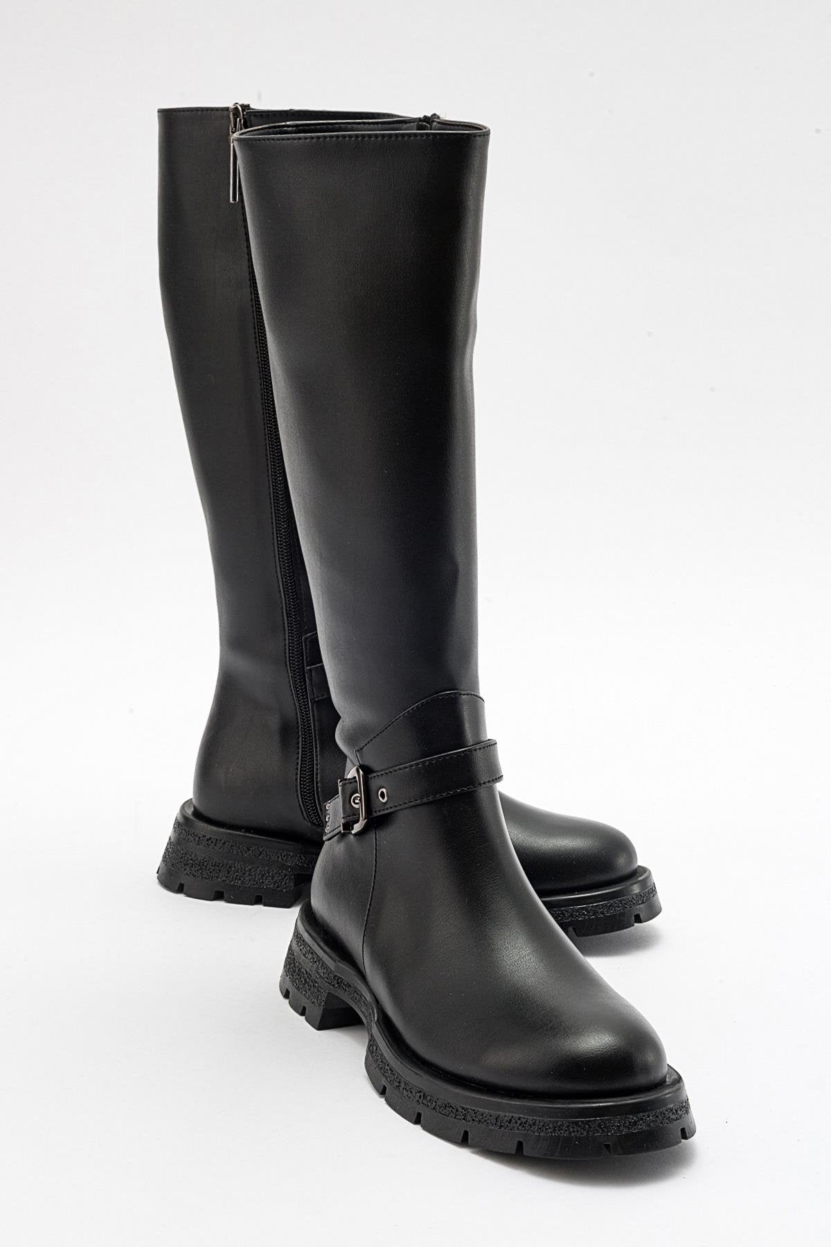 Covela - Black Knee-High Boot – front three-quarter view showing leather, black, Vowalisse