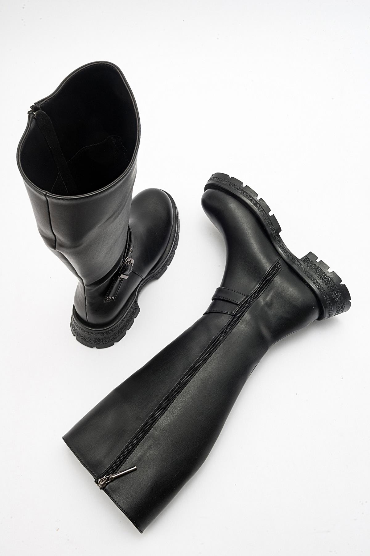 Covela - Black Knee-High Boot – side view showing leather, black, Vowalisse