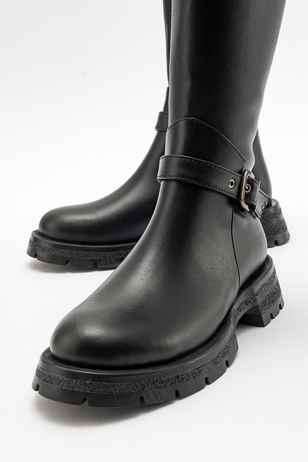 Covela - Black Knee-High Boot – detail view showing leather, black, Vowalisse