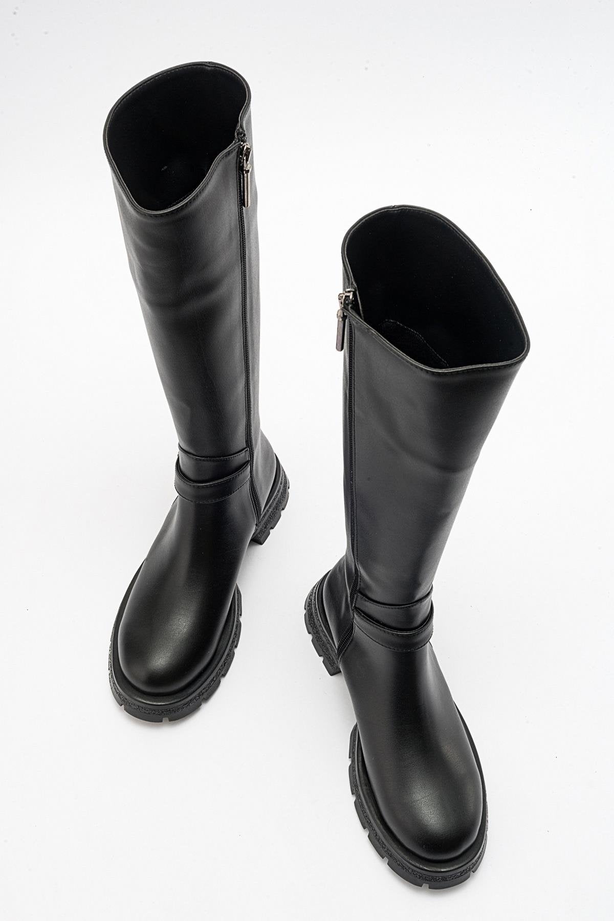 Covela - Black Knee-High Boot – heel view showing leather, black, Vowalisse