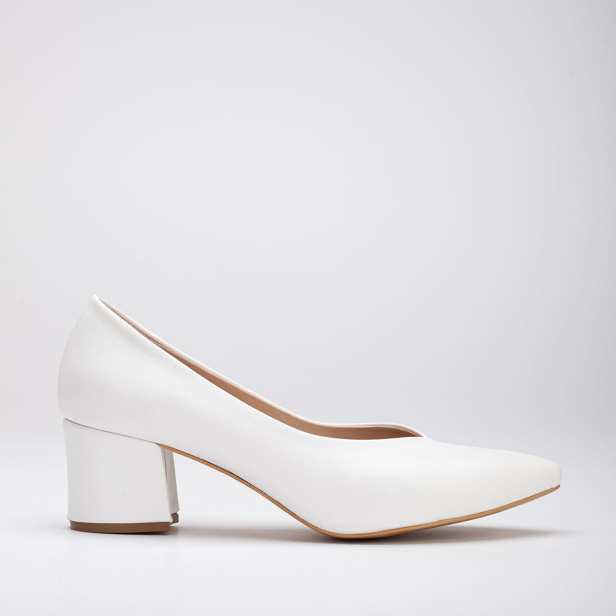 Mariam - White Block Heel Stiletto – front three-quarter view showing leather, white, Vowalisse