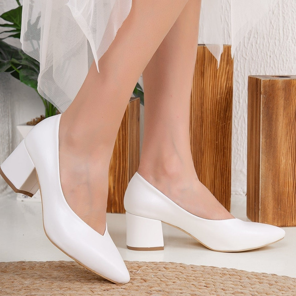 Mariam - White Block Heel Stiletto – detail view showing leather, white, Vowalisse