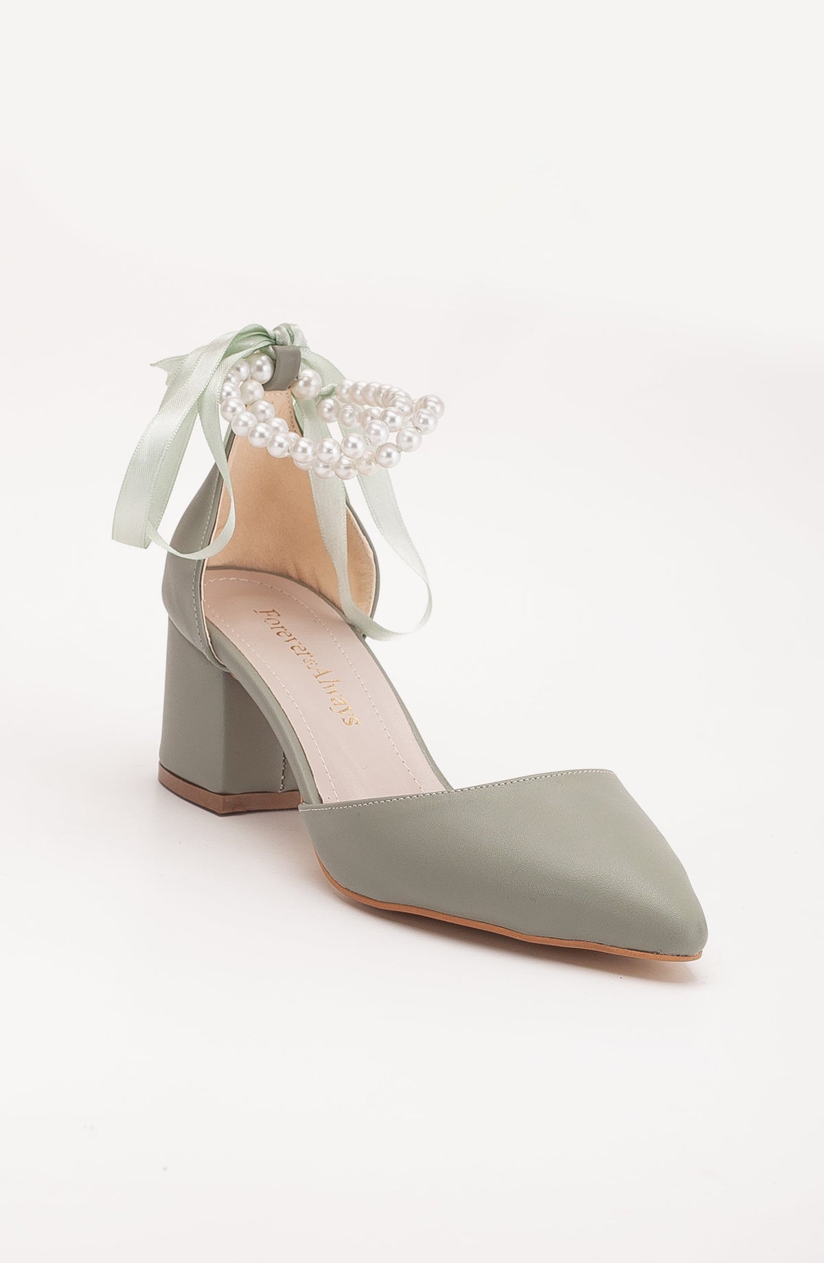 Miranda - Sage Green Pumps with Pearls – front three-quarter view showing pearl, leather, green, Vowalisse