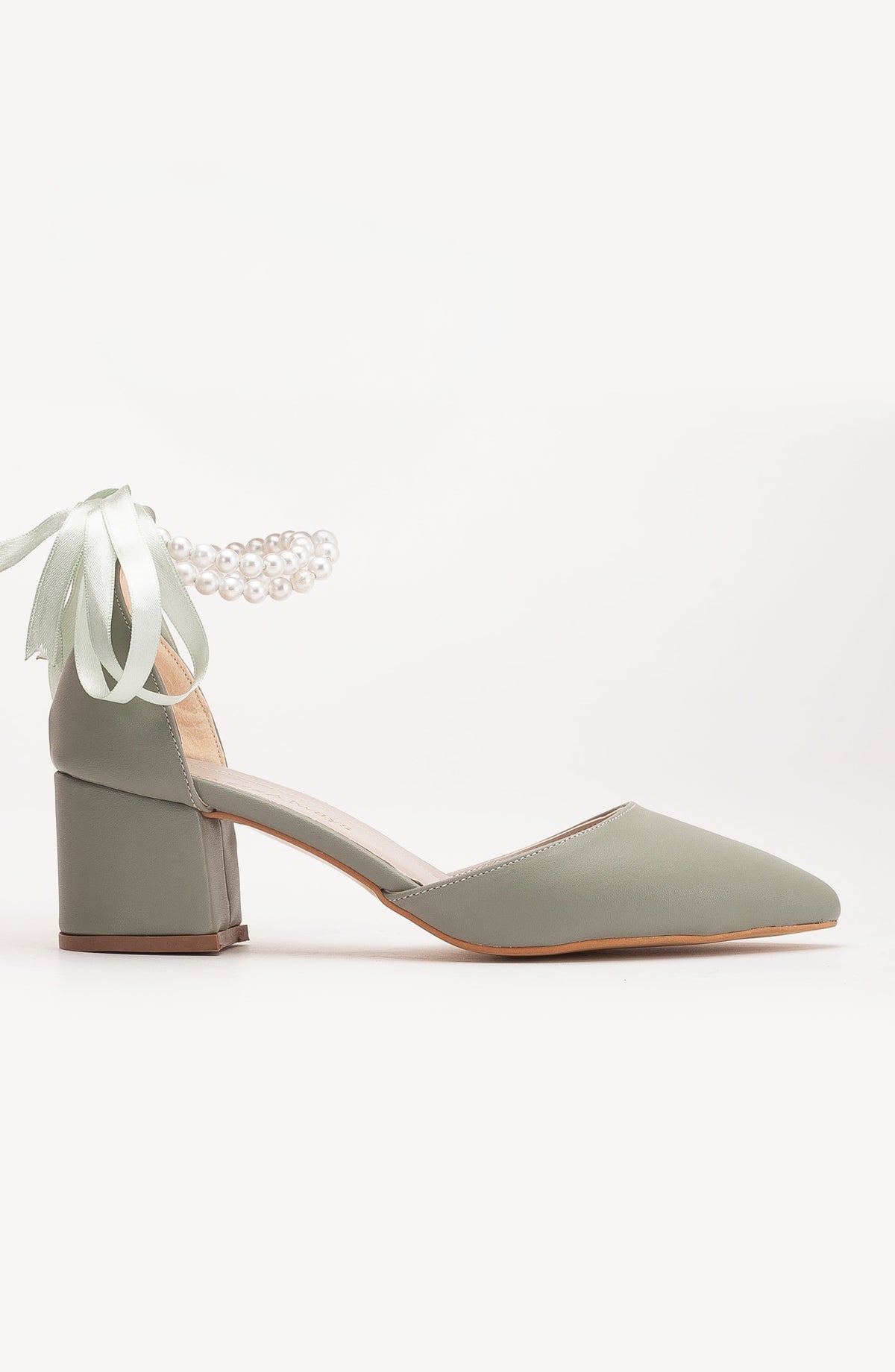 Miranda - Sage Green Pumps with Pearls – side view showing pearl, leather, green, Vowalisse