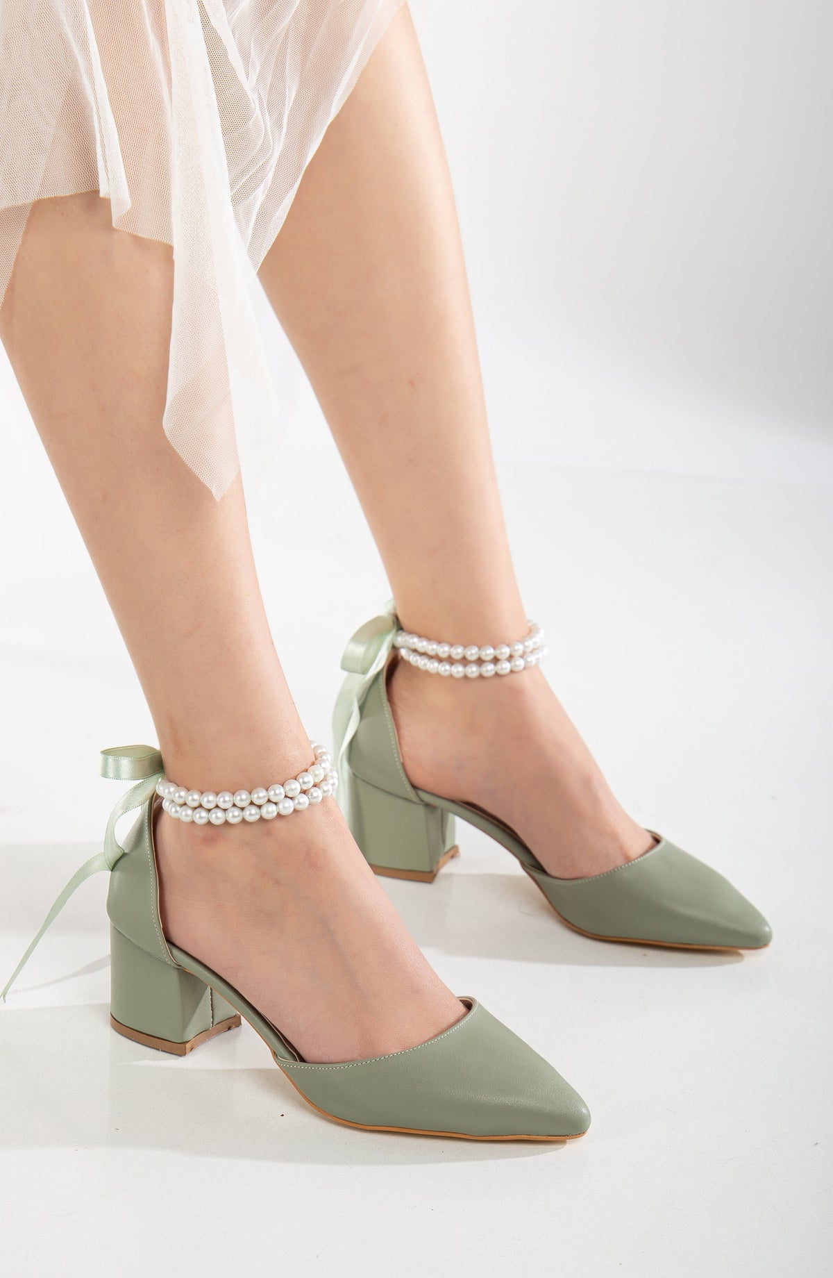Miranda - Sage Green Pumps with Pearls – detail view showing pearl, leather, green, Vowalisse