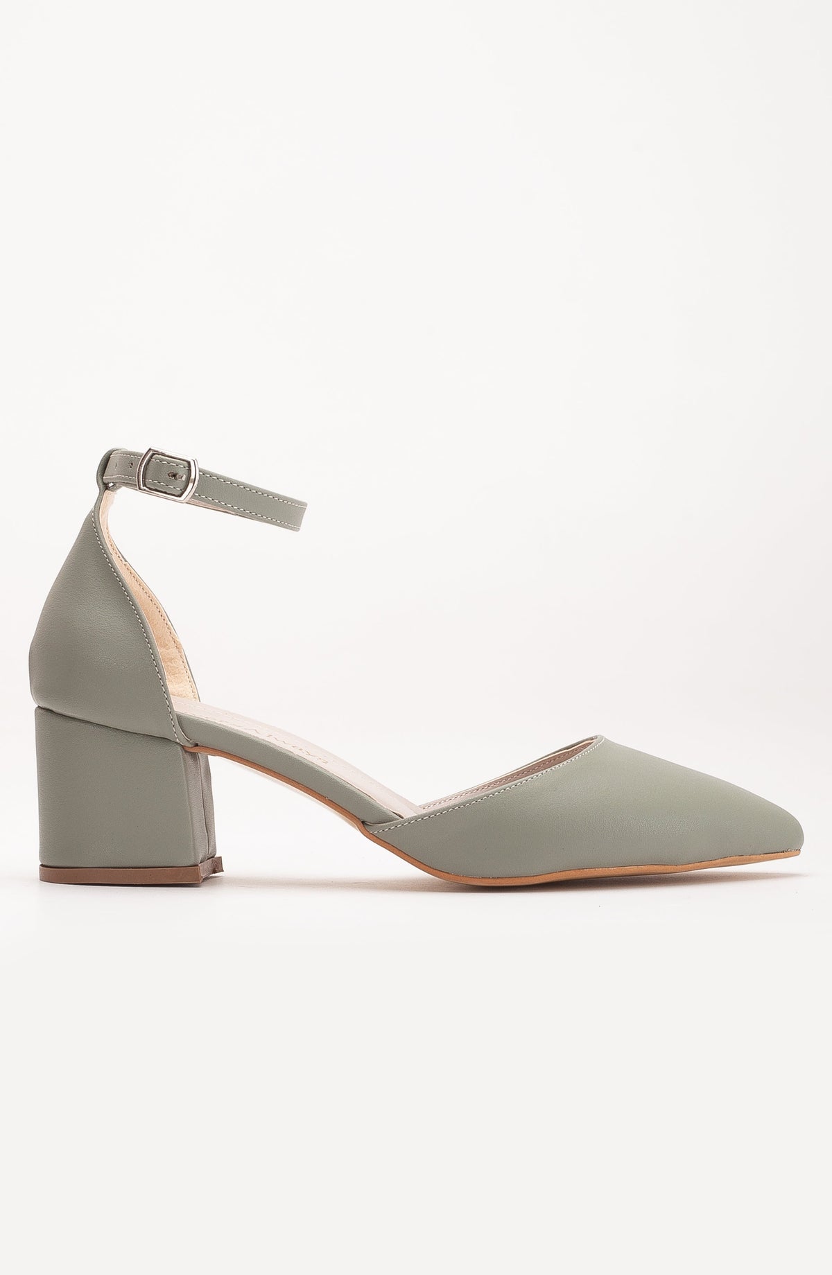 Miranda - Sage Green Pumps with Pearls – heel view showing pearl, leather, green, Vowalisse