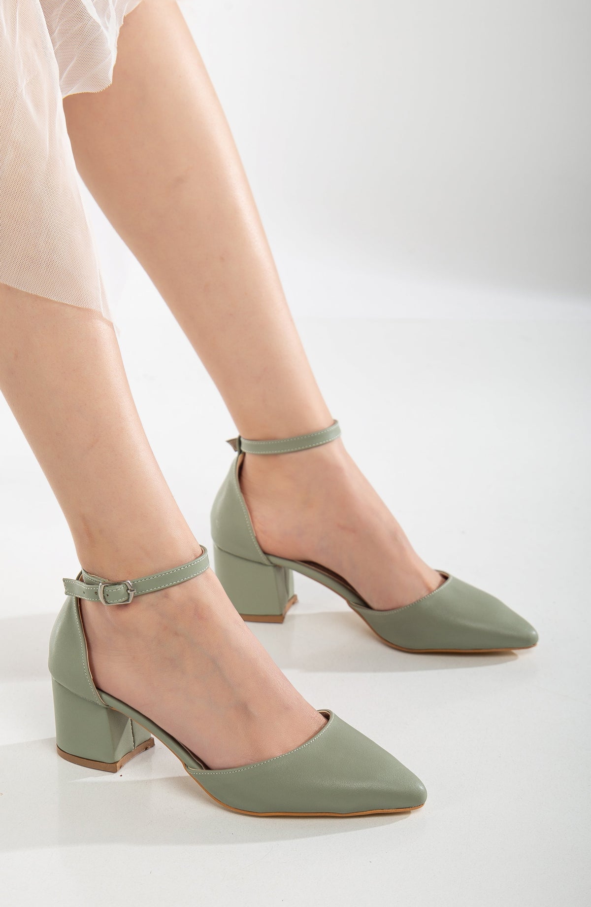 Miranda - Sage Green Pumps with Pearls – top view showing pearl, leather, green, Vowalisse