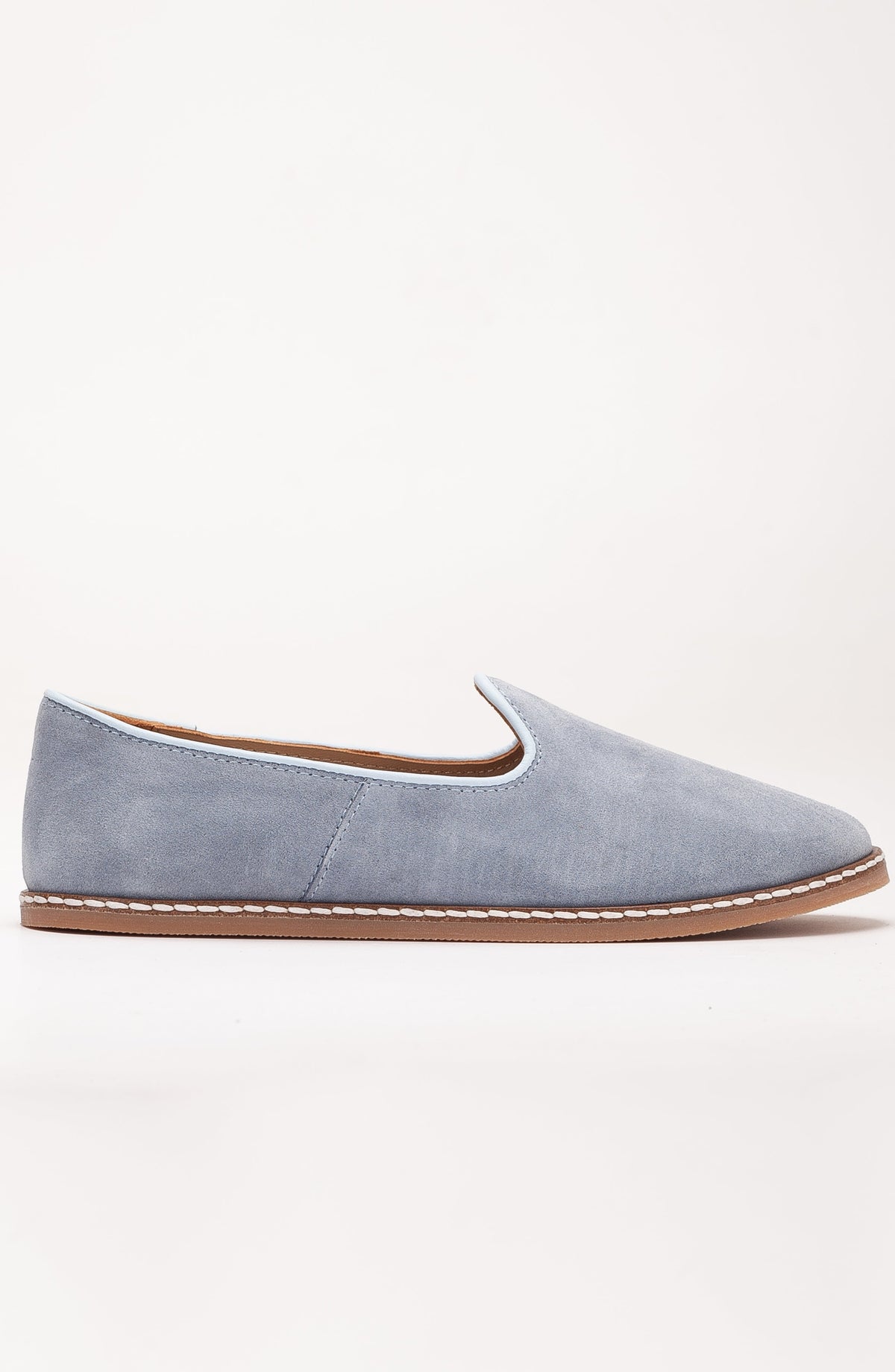 Istanbul - Dusty Blue Suede Leather Slip On – side view showing leather, suede, blue, Vowalisse