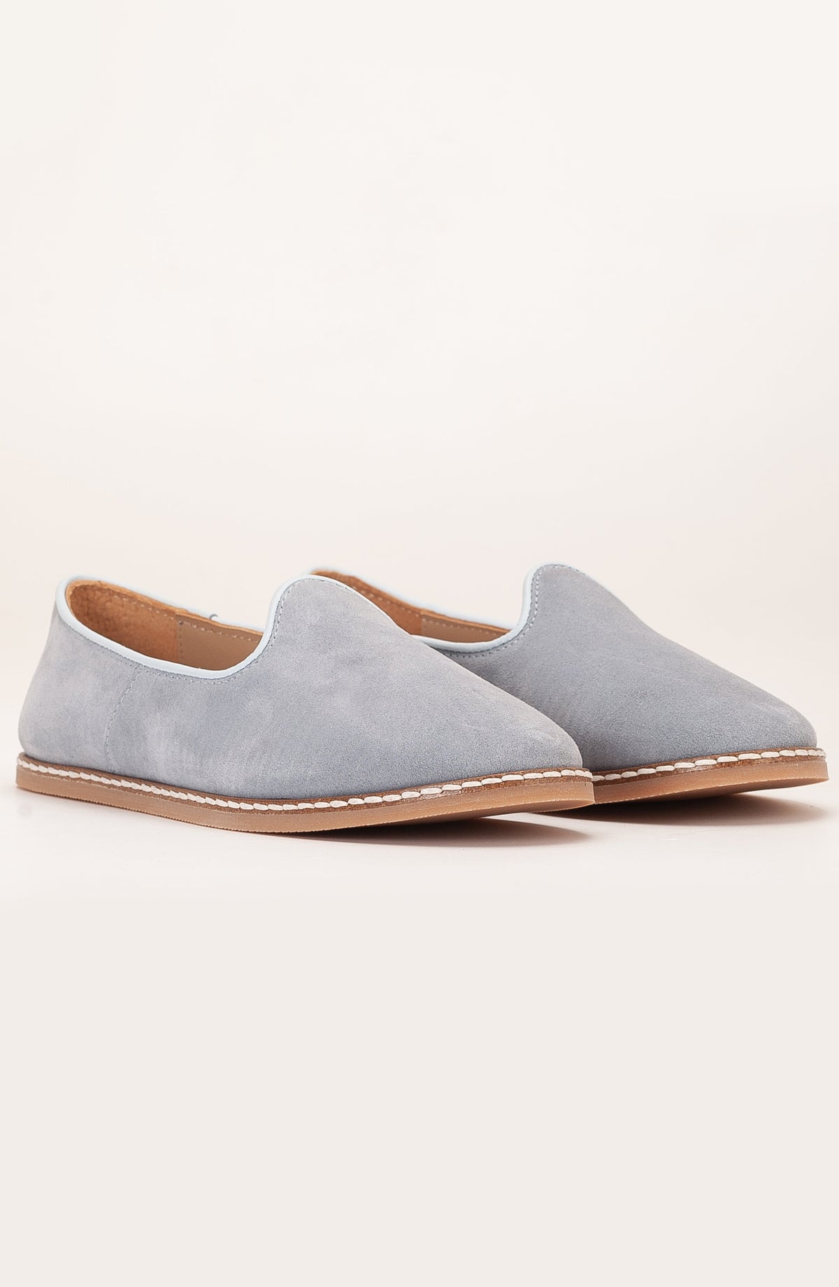 Istanbul - Dusty Blue Suede Leather Slip On – detail view showing leather, suede, blue, Vowalisse