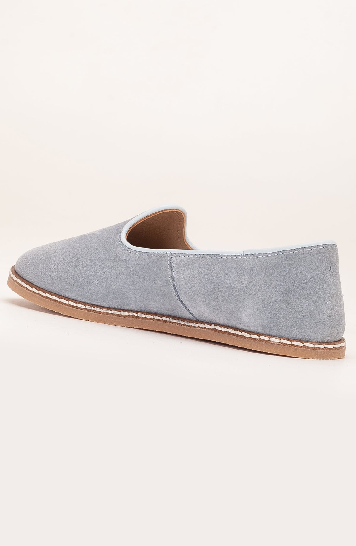Istanbul - Dusty Blue Suede Leather Slip On – heel view showing leather, suede, blue, Vowalisse