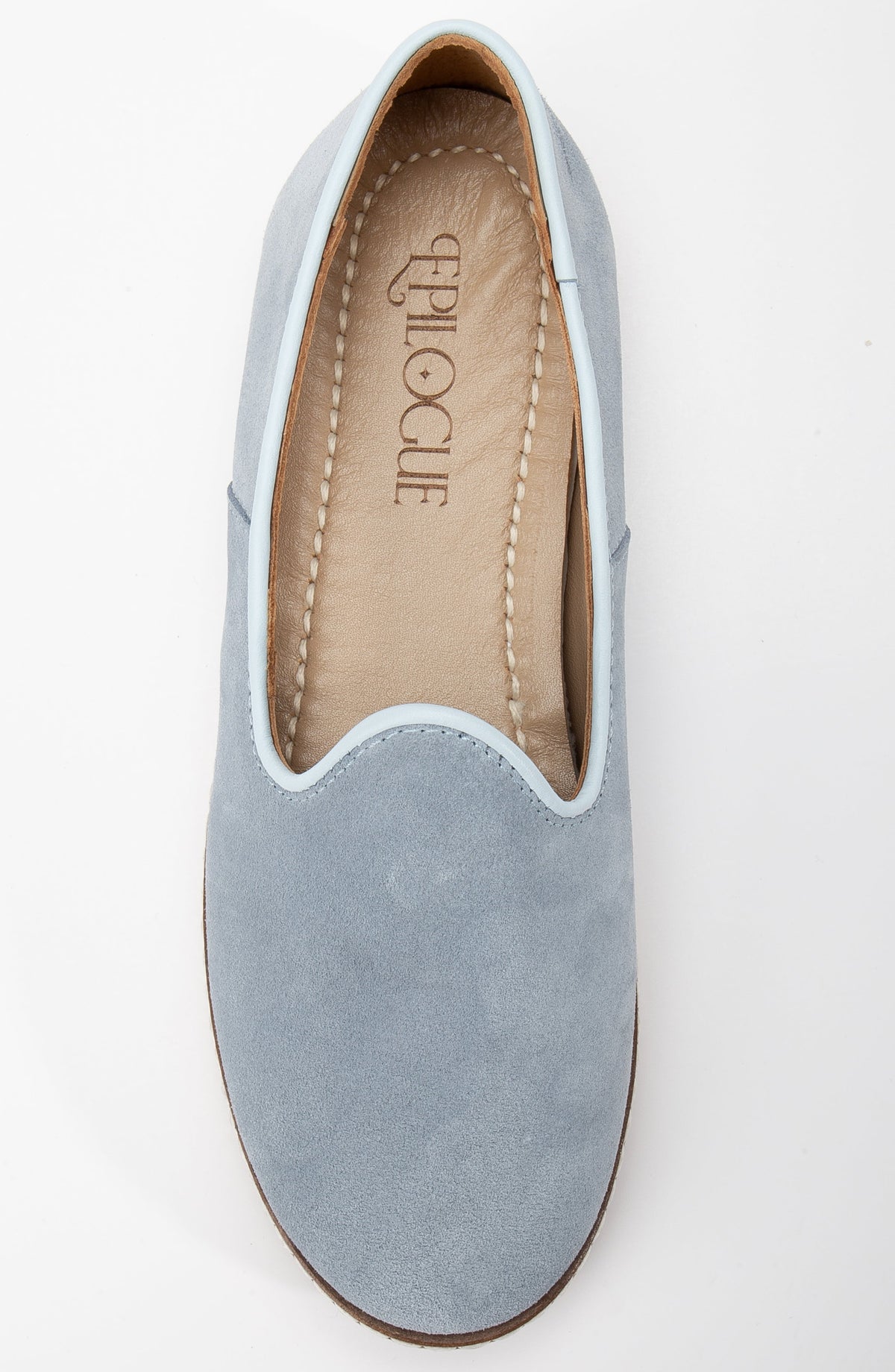 Istanbul - Dusty Blue Suede Leather Slip On – back view showing leather, suede, blue, Vowalisse