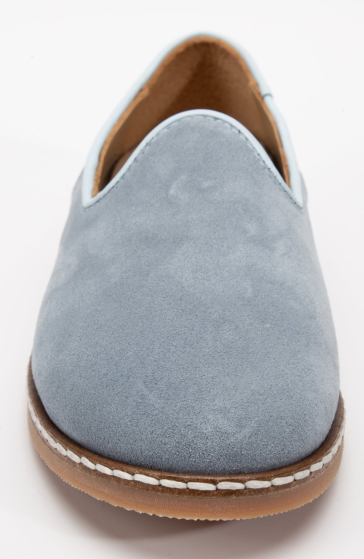 Istanbul - Dusty Blue Suede Leather Slip On – top view showing leather, suede, blue, Vowalisse