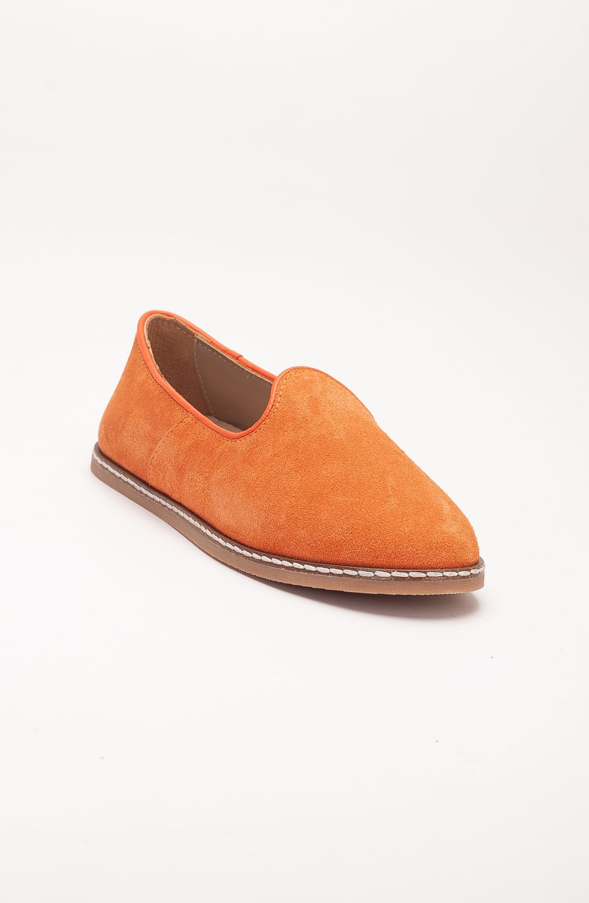 Istanbul - Orange Suede Leather Slip On – front three-quarter view showing leather, suede, red, Vowalisse