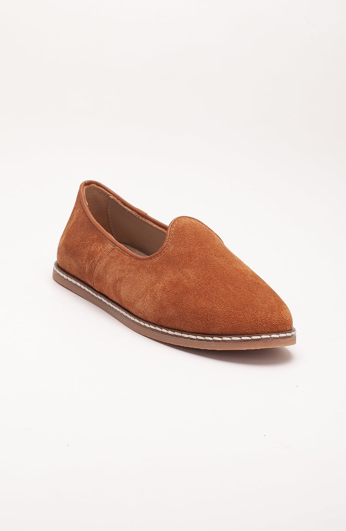 Istanbul - Cognac Brown Suede Leather Slip On – front three-quarter view showing leather, suede, red, Vowalisse