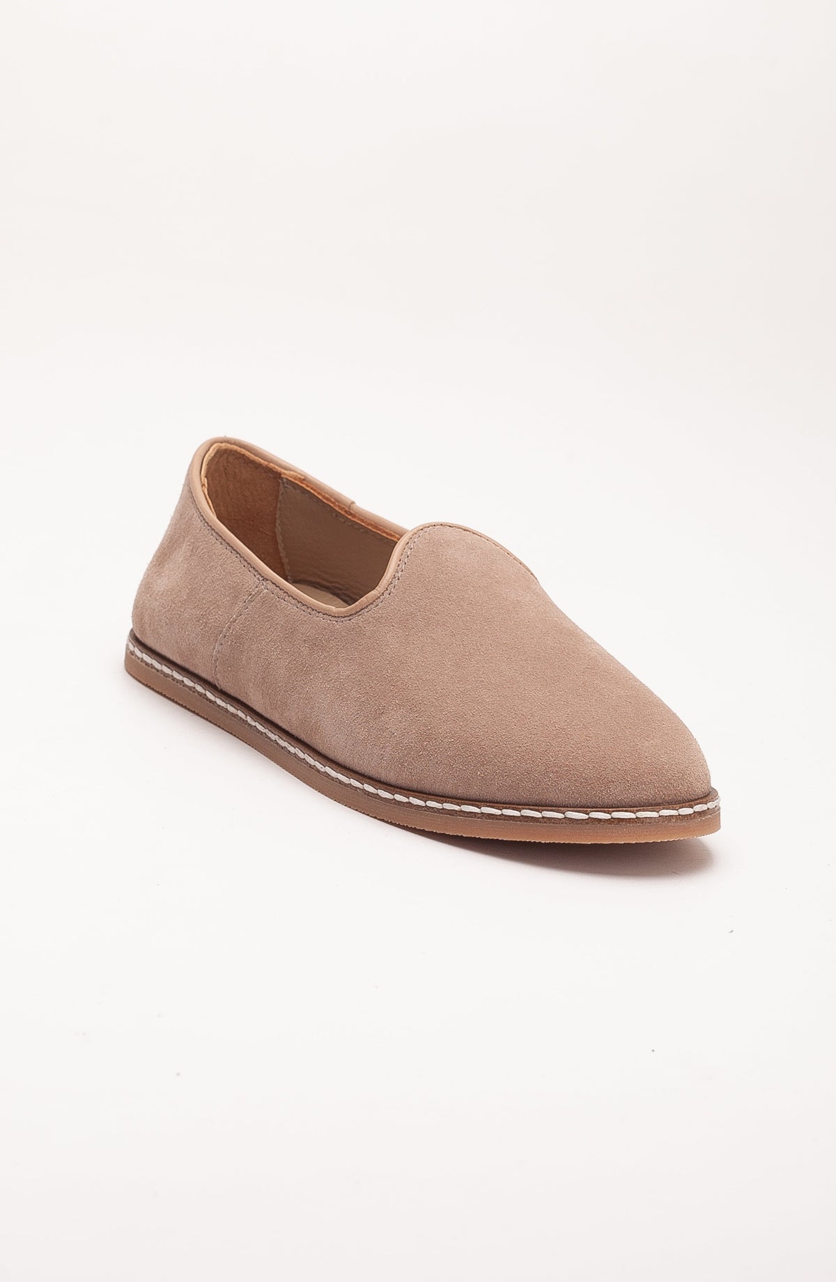 Istanbul - Beige Suede Leather Slip On – front three-quarter view showing leather, suede, red, Vowalisse