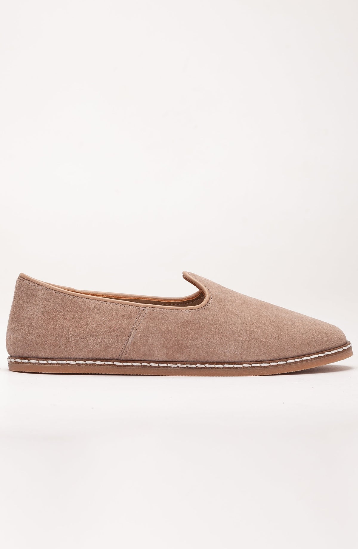 Istanbul - Beige Suede Leather Slip On – side view showing leather, suede, red, Vowalisse