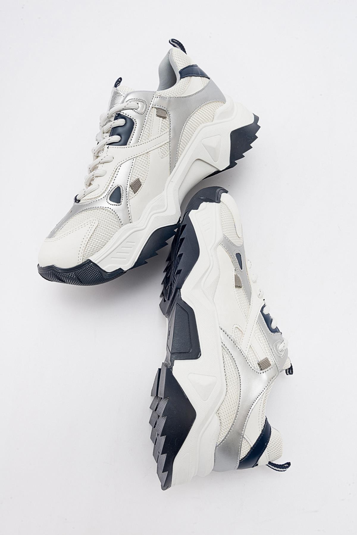 Loretta - White-Navy Sneaker – detail view showing leather, white, Vowalisse