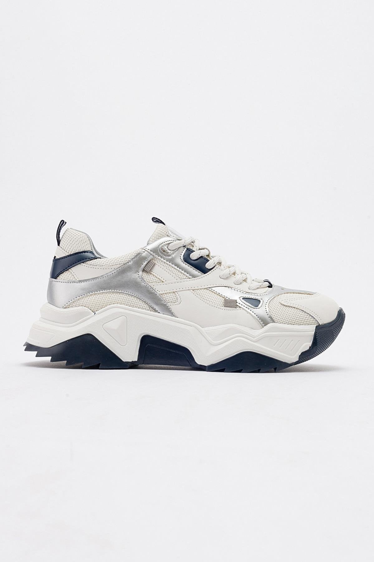 Loretta - White-Navy Sneaker – top view showing leather, white, Vowalisse