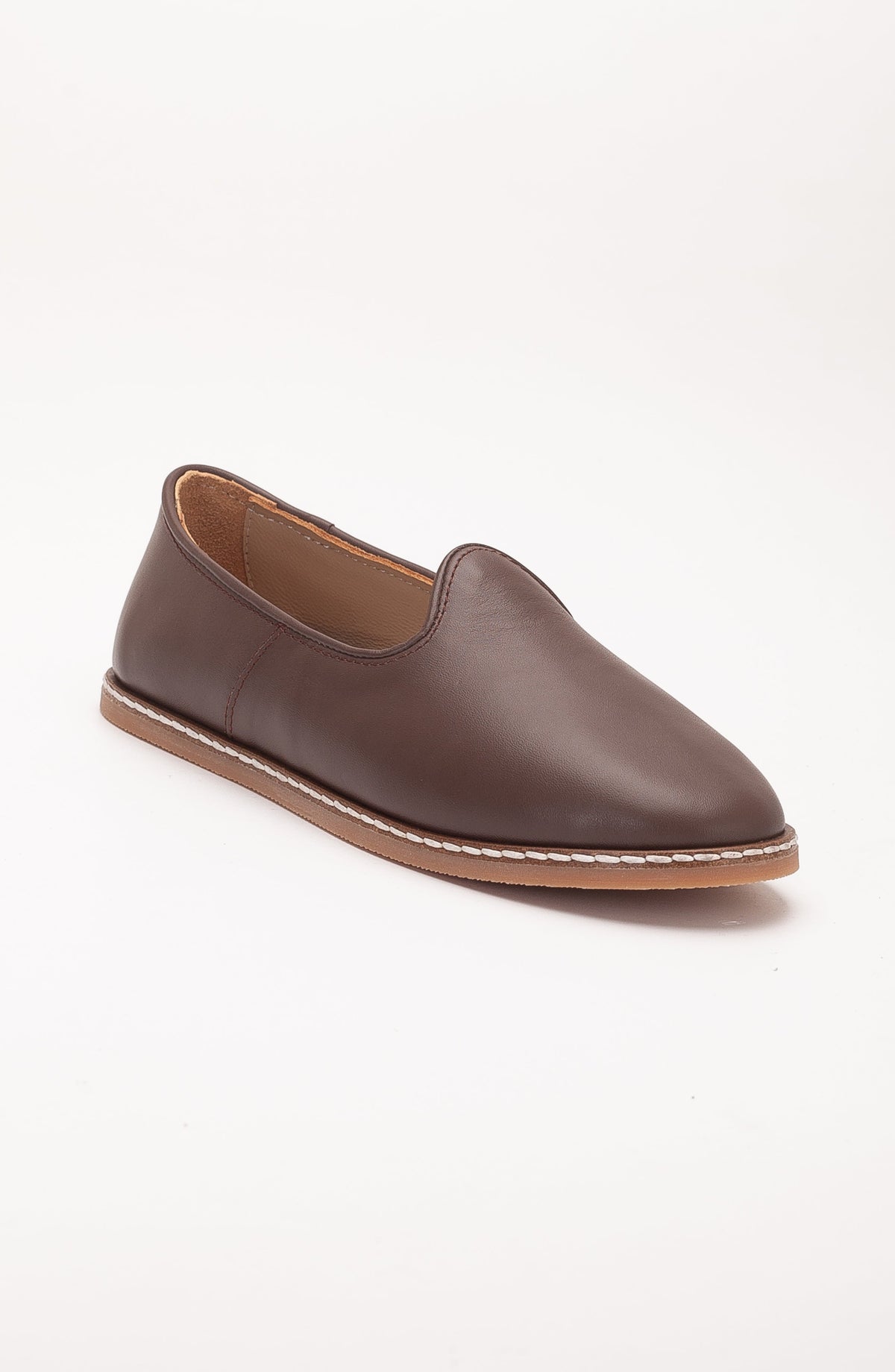 Dalya - Brown Leather Slip On – side view showing leather, red, Vowalisse