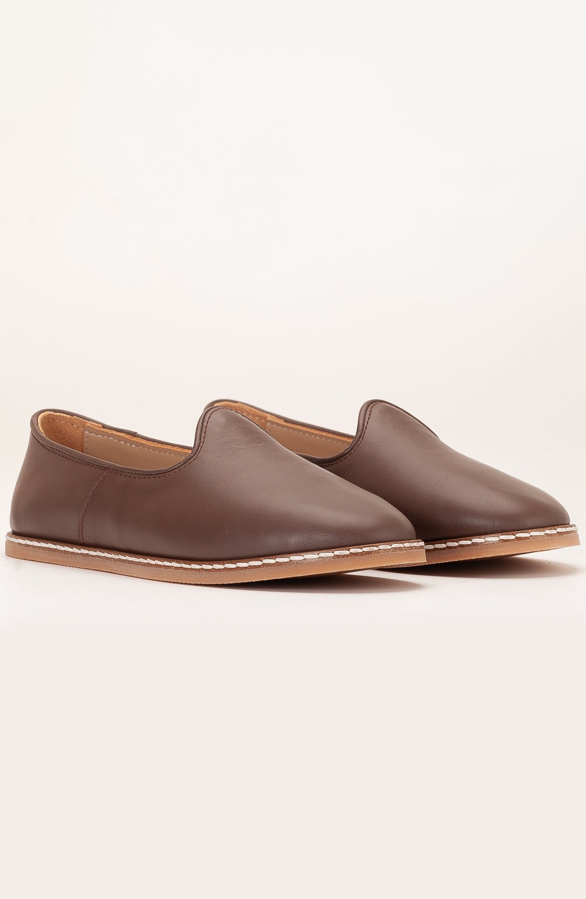 Dalya - Brown Leather Slip On – detail view showing leather, red, Vowalisse