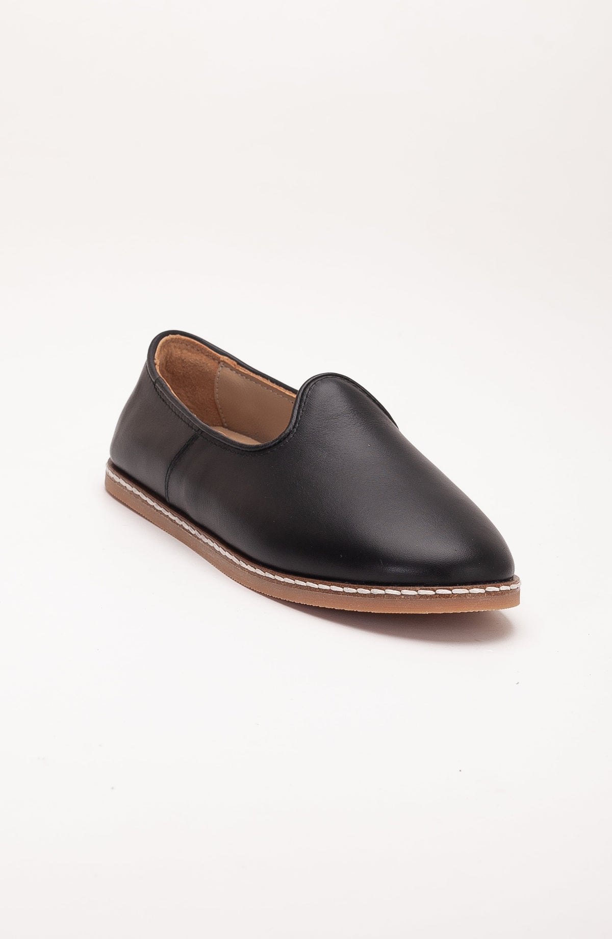 Dalya - Black Leather Slip On – side view showing leather, black, red, Vowalisse