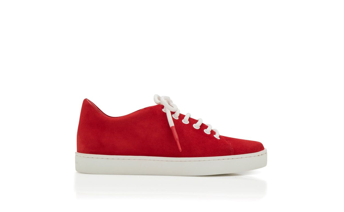 Genevieve Jewel Red Round Toe Sneakers – side profile showing red round toe, suede, lace, Vowalisse