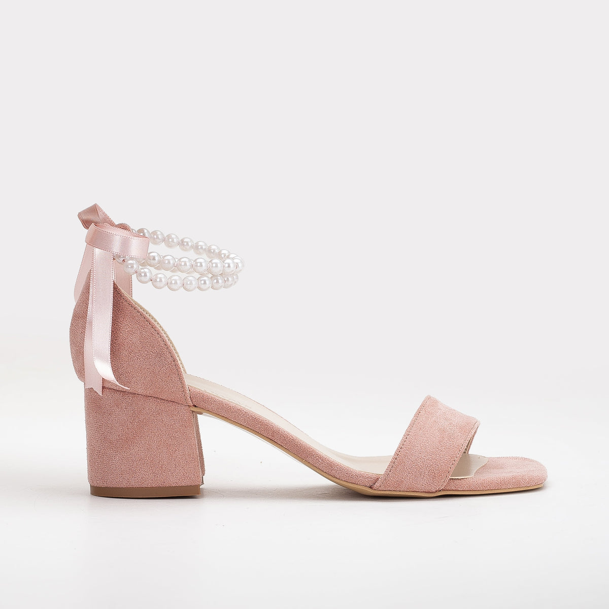 Illy - Dusty Pink Suede Sandals with Pearls – front three-quarter view showing pearl, leather, suede, Vowalisse