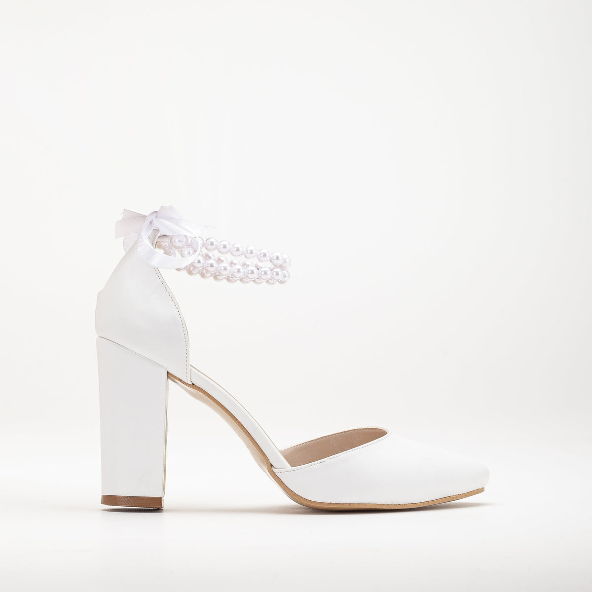 Denise - White Wedding Heels with Pearls – front three-quarter view showing pearl, satin, leather, Vowalisse