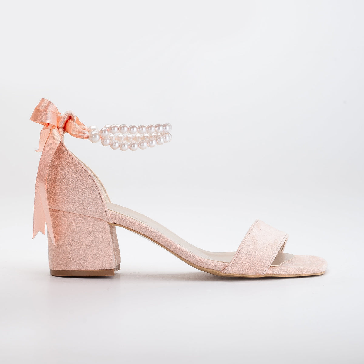 Illy - Coral Suede Sandals with Pearls – front three-quarter view showing pearl, leather, suede, Vowalisse