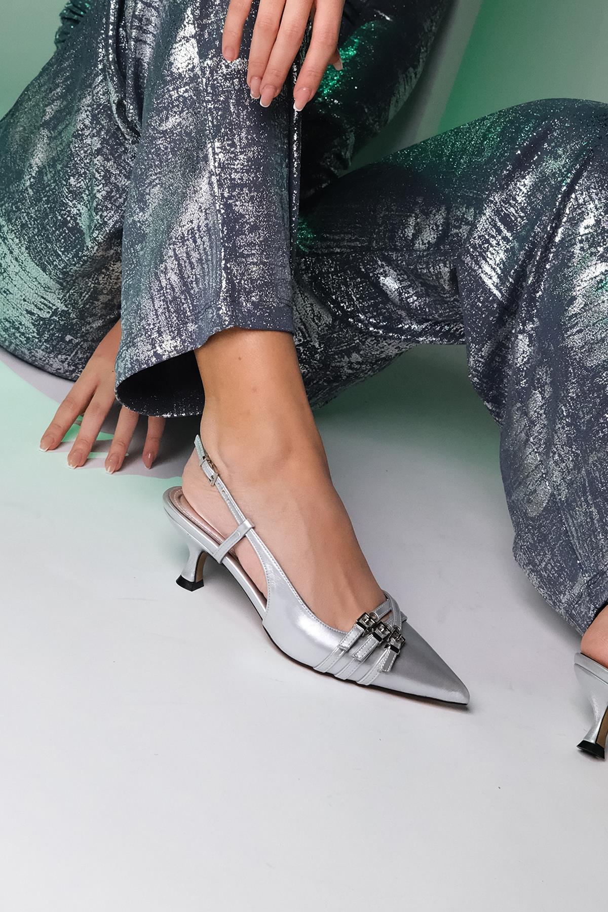 Woss - Silver Leather-Effect Belt Detail Heeled Shoe – front three-quarter view showing leather, silver, Vowalisse