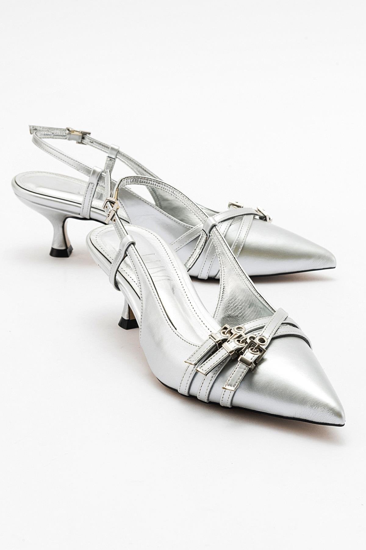 Woss - Silver Leather-Effect Belt Detail Heeled Shoe – side view showing leather, silver, Vowalisse