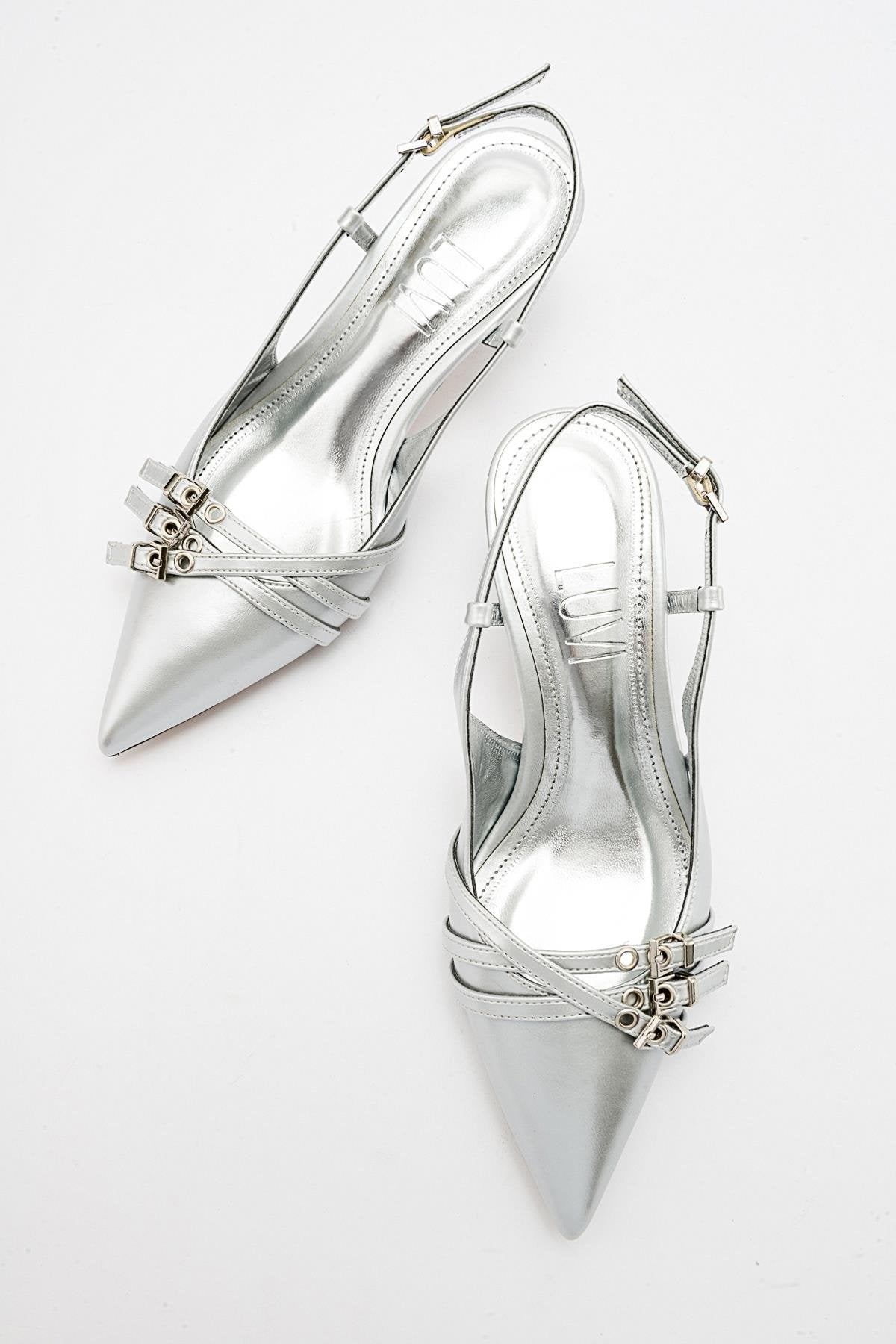 Woss - Silver Leather-Effect Belt Detail Heeled Shoe – back view showing leather, silver, Vowalisse