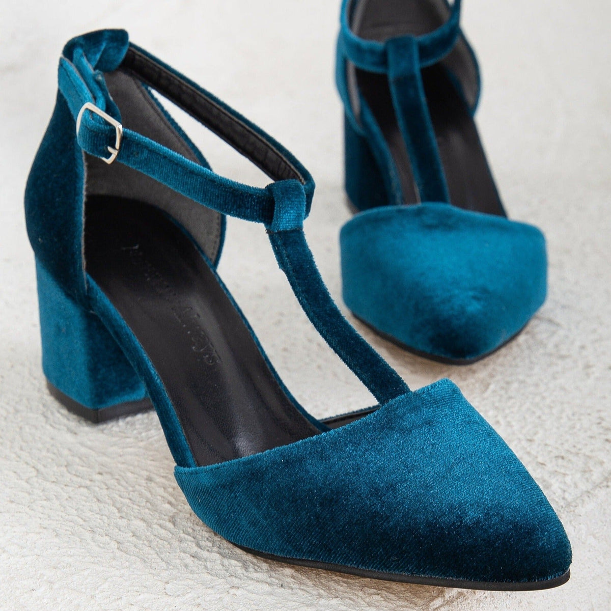 Anicette - Teal Blue Velvet Pumps – heel view showing velvet, blue, Vowalisse