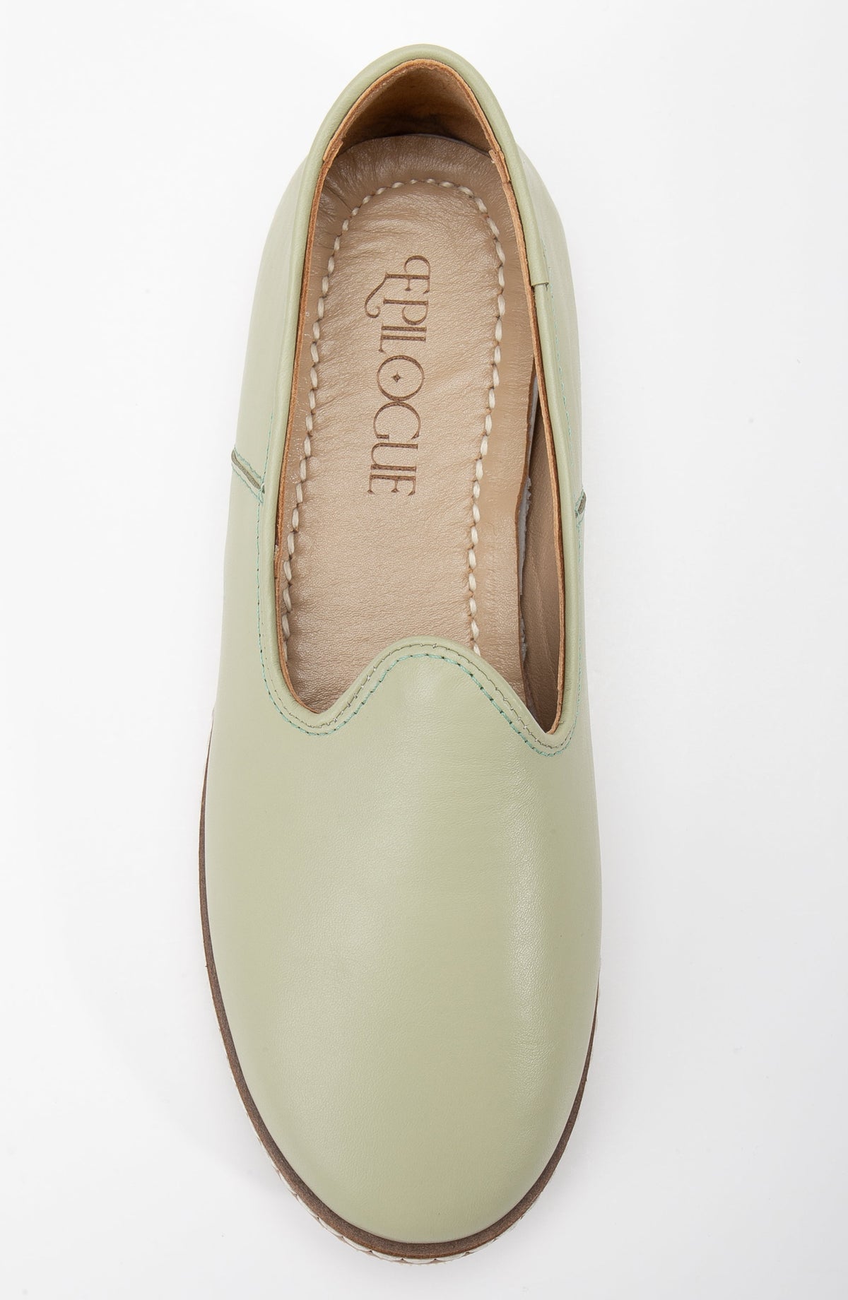 Dalya - Sage Green Leather Slip On – back view showing leather, red, green, Vowalisse