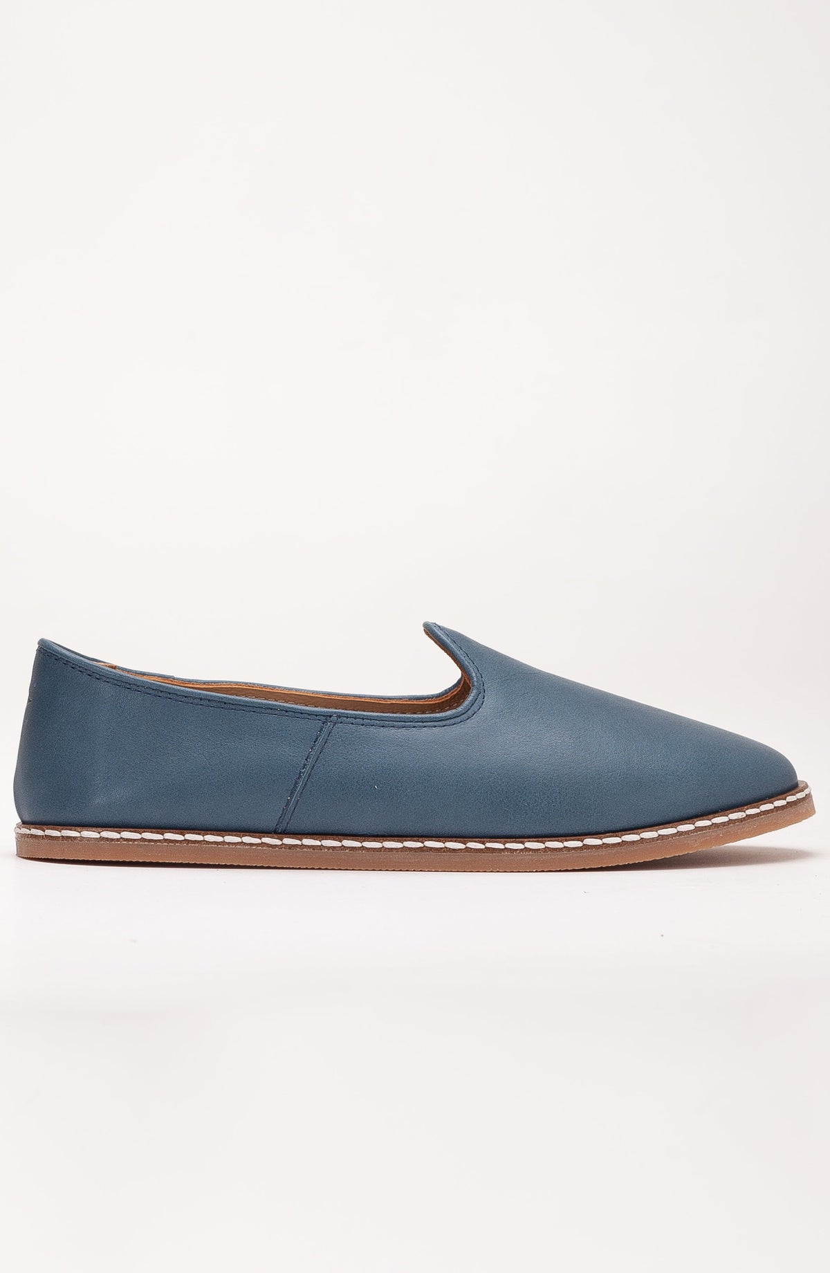 Dalya - Blue Leather Slip On – front three-quarter view showing leather, blue, red, Vowalisse
