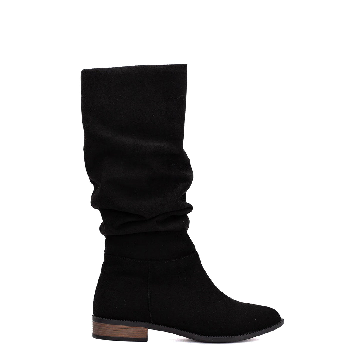 Maribel - Black Suede Boots – front three-quarter view showing suede, black, red, Vowalisse