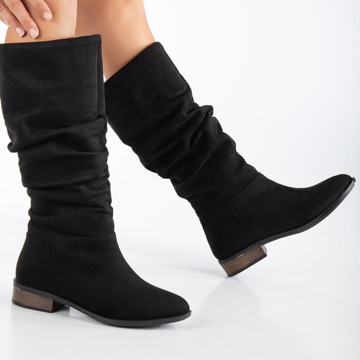 Maribel - Black Suede Boots – side view showing suede, black, red, Vowalisse