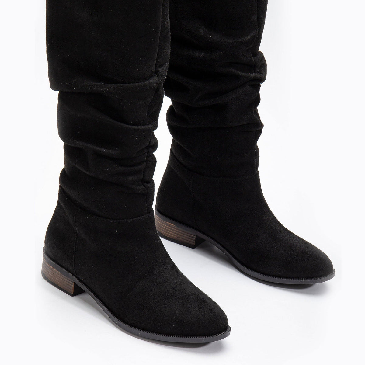 Maribel - Black Suede Boots – detail view showing suede, black, red, Vowalisse