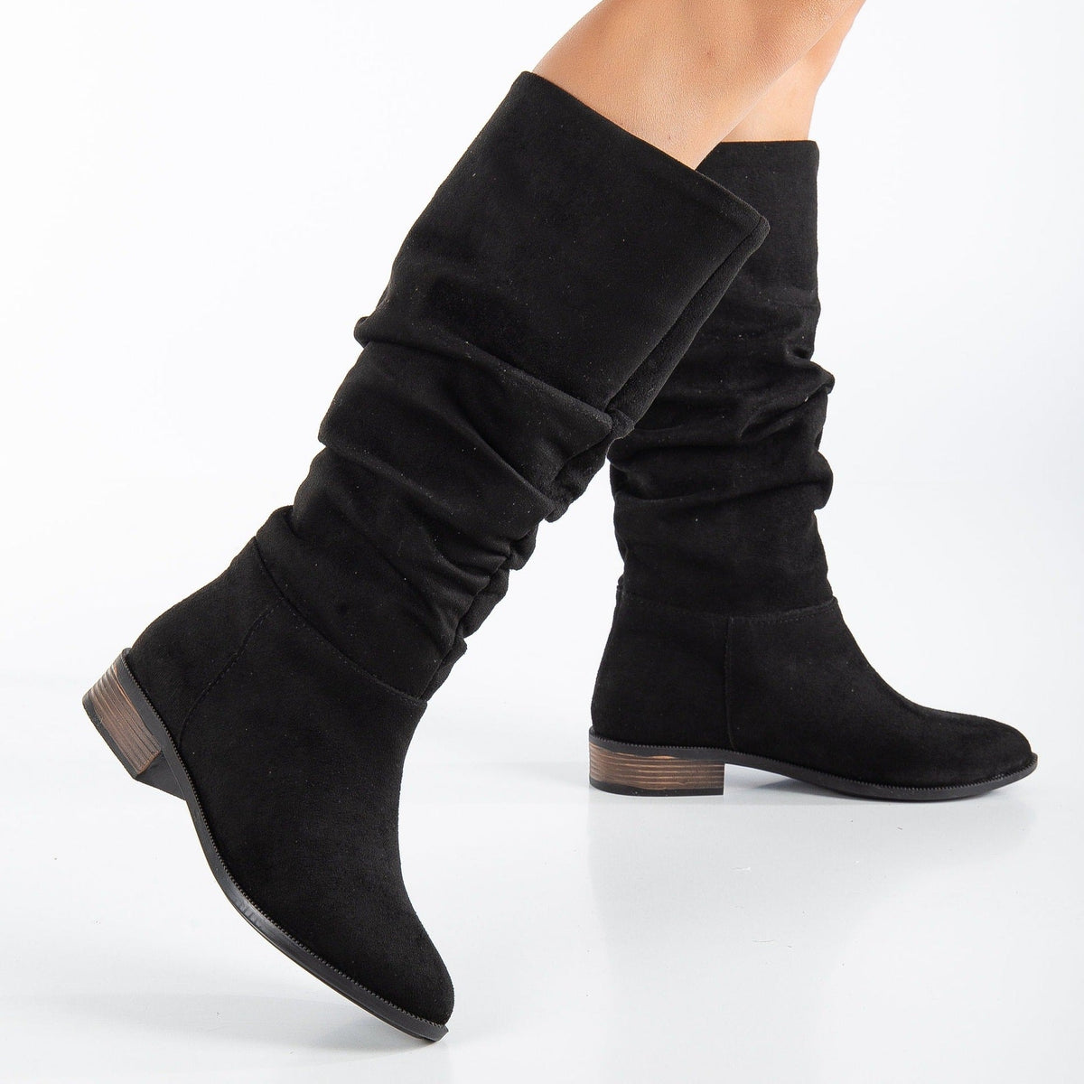 Maribel - Black Suede Boots – heel view showing suede, black, red, Vowalisse