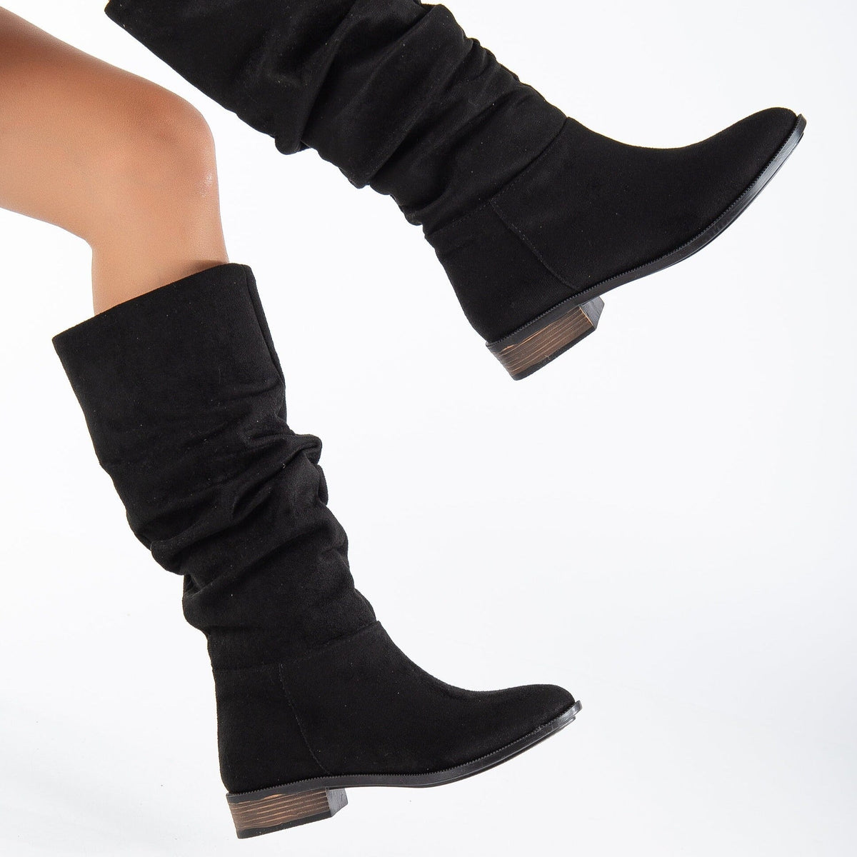 Maribel - Black Suede Boots – back view showing suede, black, red, Vowalisse