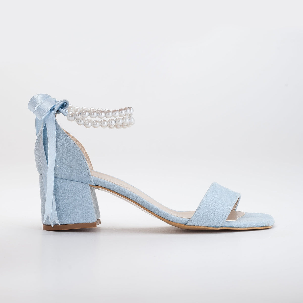 Illy - Blue Suede Sandals with Pearls – front three-quarter view showing pearl, leather, suede, Vowalisse