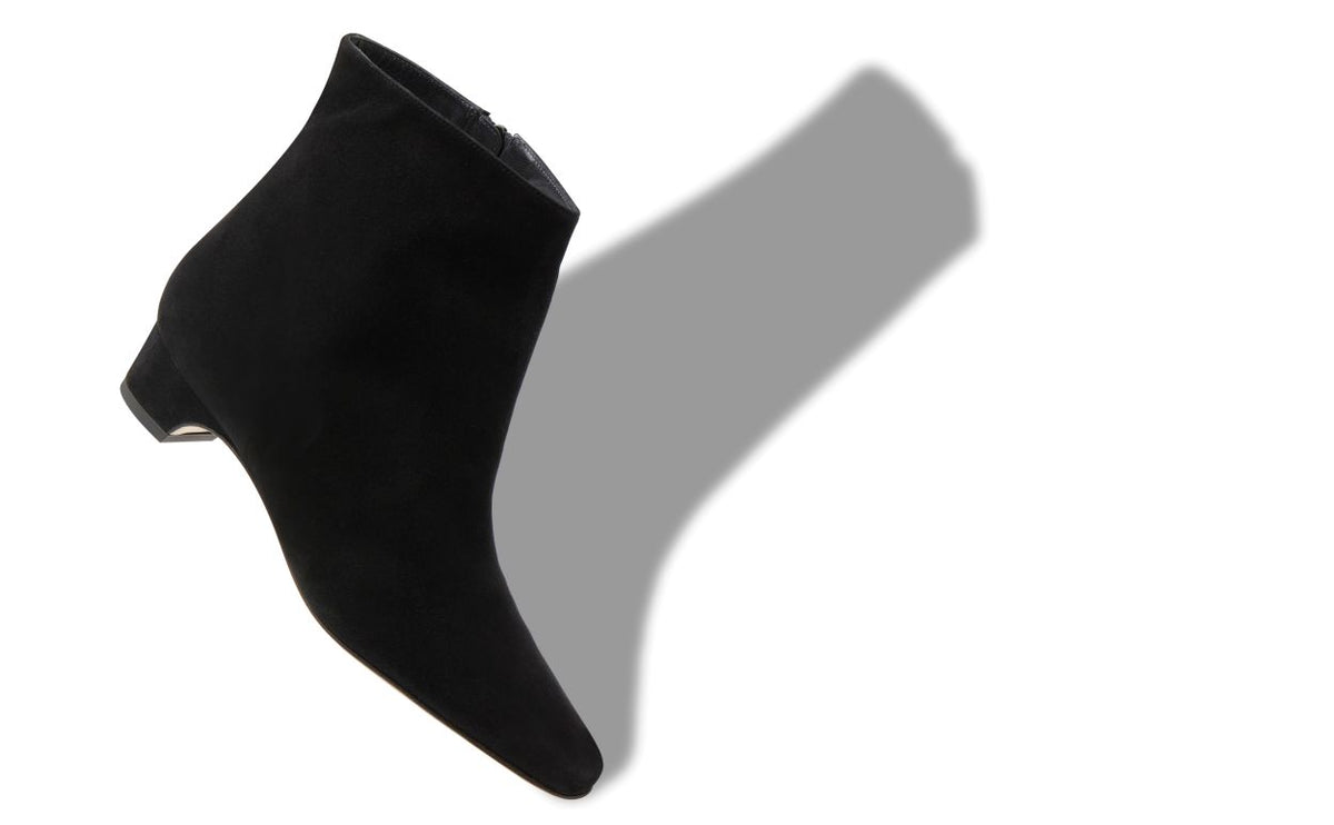 Magnolia Jewel Black Almond Toe Ankle Boots – front three-quarter view showing black almond toe, suede, Vowalisse