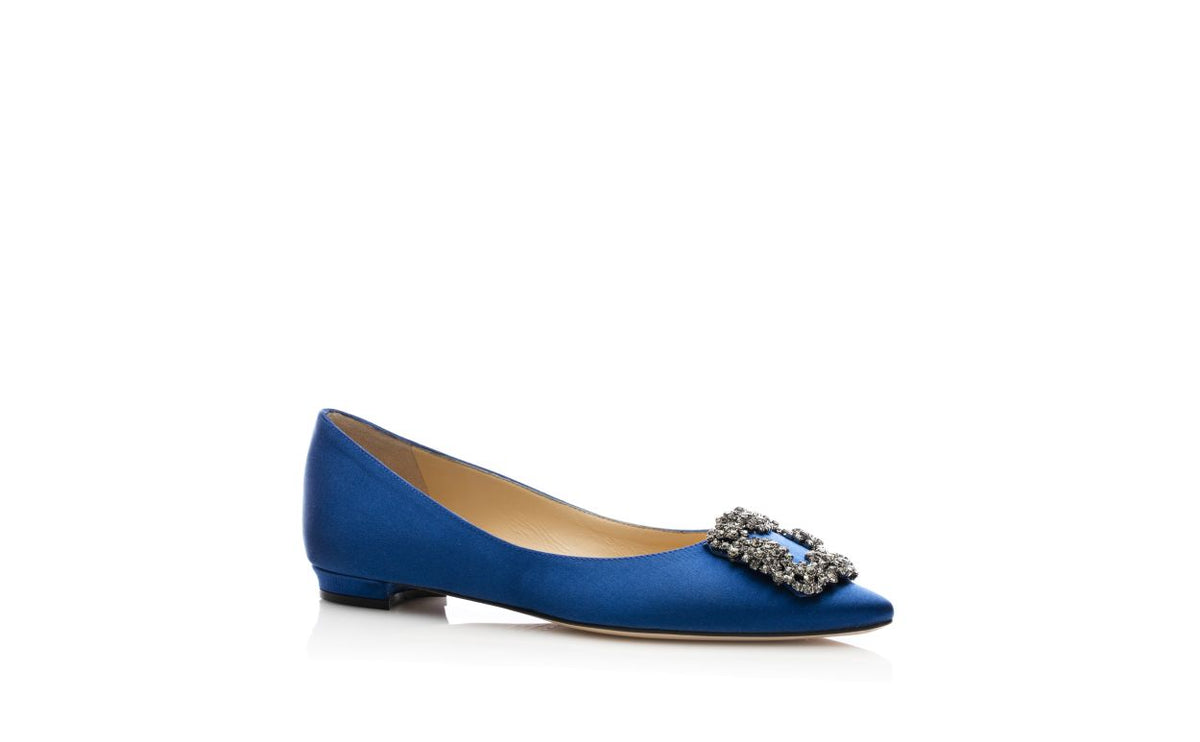 Arabella Bloom Blue Jewel Buckle Pumps – top view showing blue jewel buckle, crystal buckle, almond toe, satin, Vowalisse
